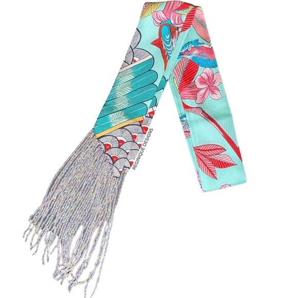 SeraBijoulet™ Handcrafted Silk Skinny Scarf with Beaded Fringe - Picture 3 of 6